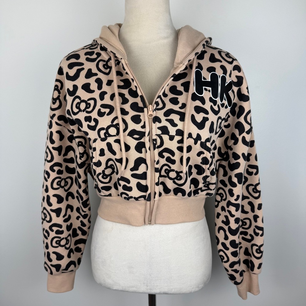 Hello Kitty by Sanrio Leopard Print Cropped Zip Up Hoodie Tan Black HK Patch Med